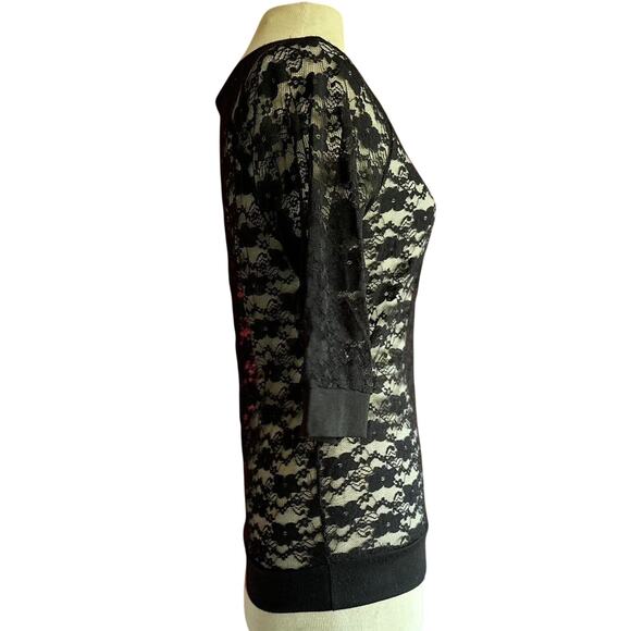 Womens Top Size Medium Black Lace Sheer Biker Layering Soft Goth Office Party - Picture 3 of 8